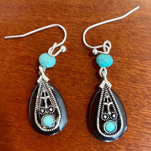 Boho Silver and Turquoise Drop Earrings - Picture 2 of 4